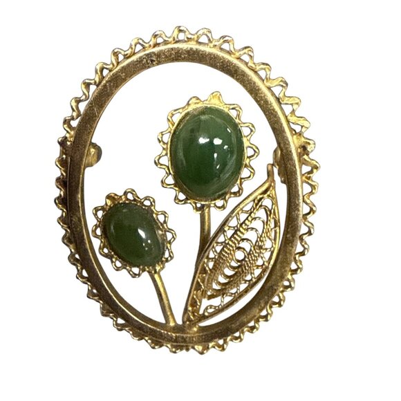 Vintage Gold-Tone Floral Oval Brooch Green Stones MISSING PIN CLASP - Picture 1 of 3